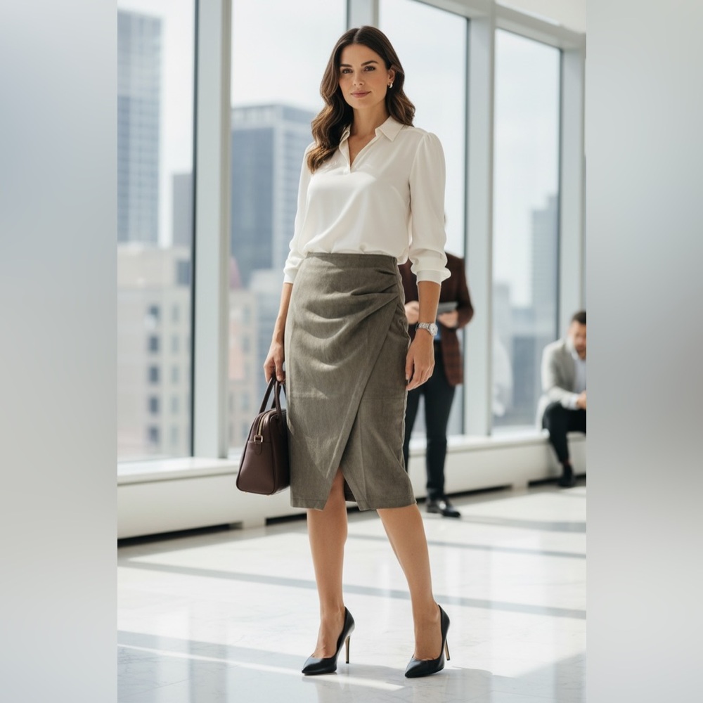 Hem & Thread Elegant Olive Wrap Skirt NWT